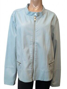 Addition Elle Pastel Light Blue Faux Leather Jacket Moto Collarless Plus Size 4X